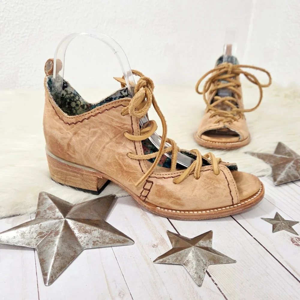 Freebird by Steven Peace boot sandals natural distressed leather lace-up women 7